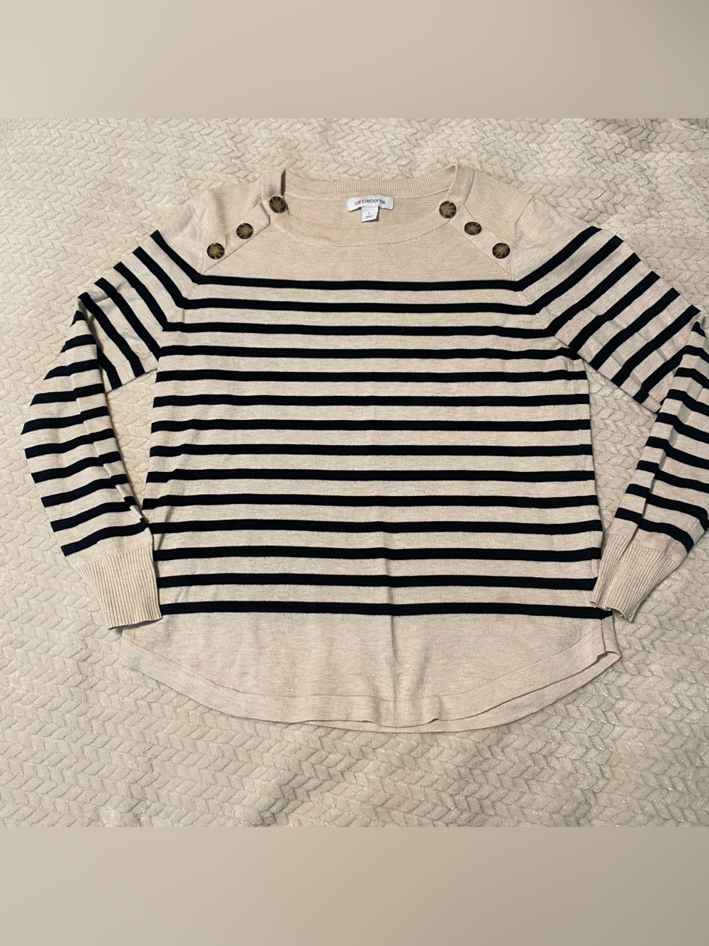 Liz Claiborne Striped Knit Sweater in Light Beige & Black and button accents